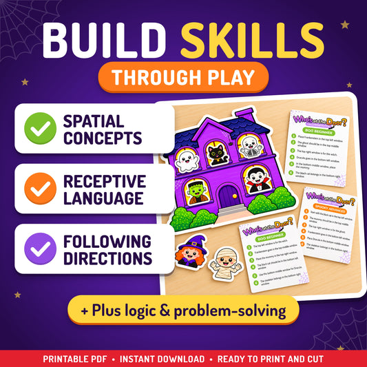 Halloween printable game for building spatial concepts, receptive language, and following directions