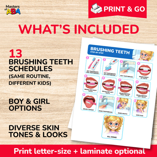 Brushing teeth visual schedule printable showing 13 schedules, diverse child options, and print-and-go format