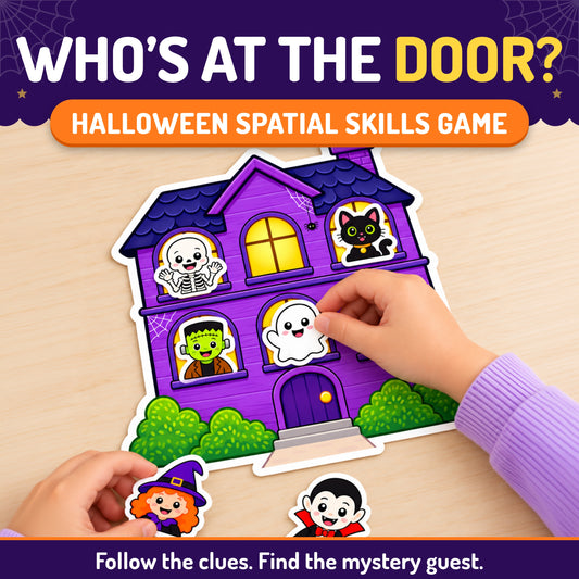 Halloween following directions game for kids with haunted house board and character pieces