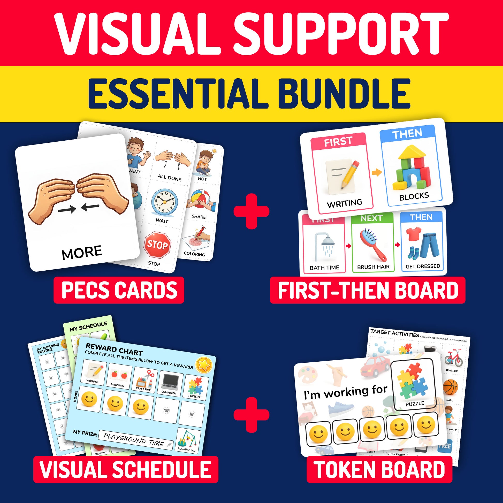 Visual Supports Essential Bundle with PECS cards, first-then board, token board, and visual schedule