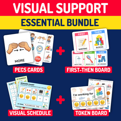 Visual Supports Essential Bundle with PECS cards, first-then board, token board, and visual schedule