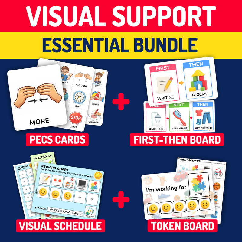 Visual Supports Essential Bundle with PECS cards, first-then board, token board, and visual schedule