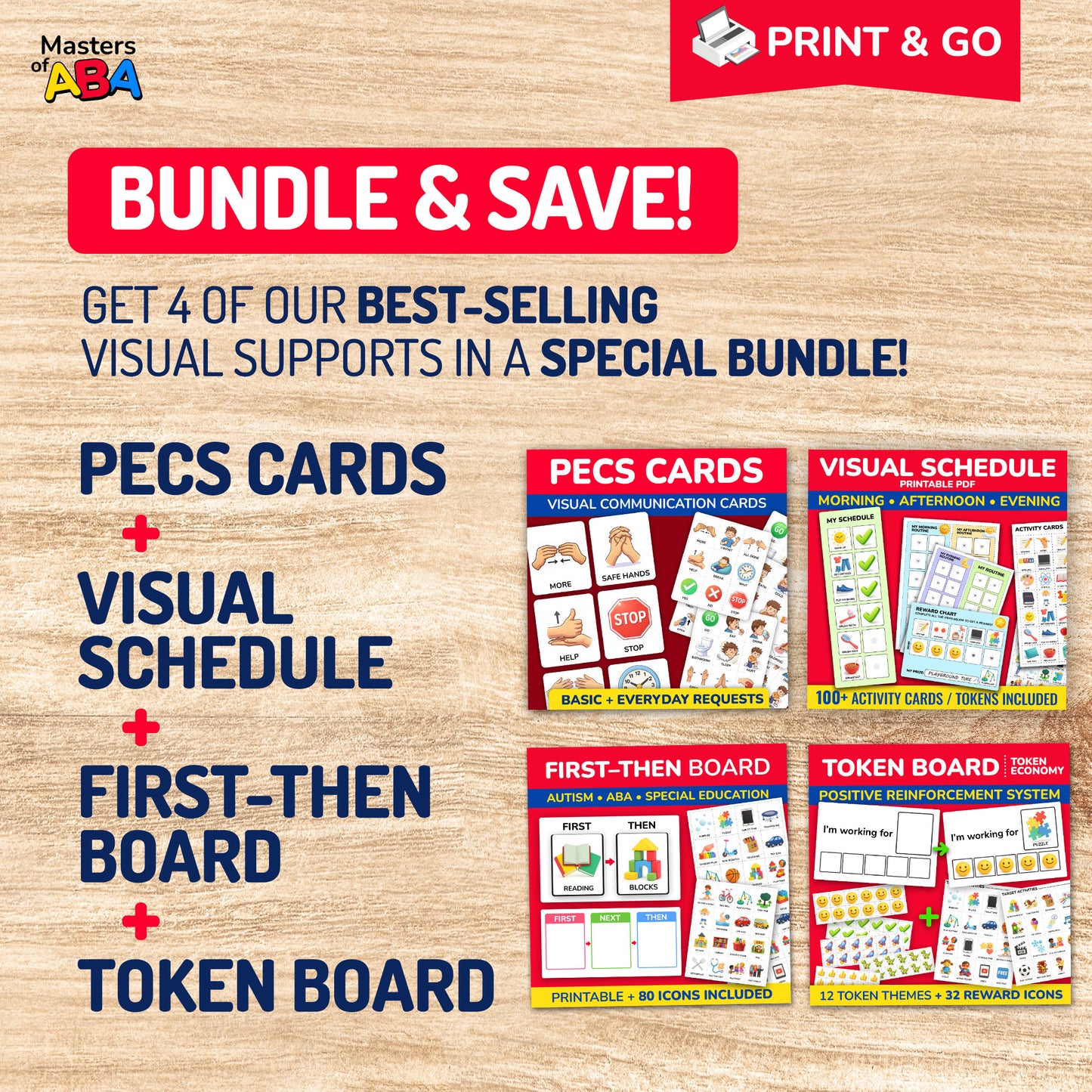Printable ABA visual supports bundle with PECS-style cards, first-then board, token board, and visual schedule