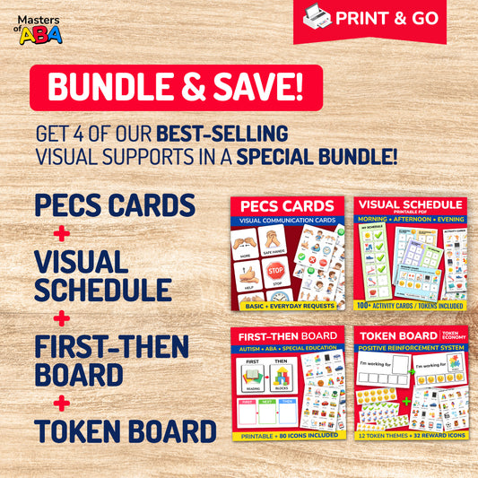 Printable ABA visual supports bundle with PECS-style cards, first-then board, token board, and visual schedule