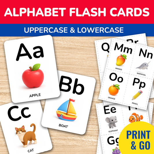 Alphabet flash cards A–Z printable with uppercase and lowercase letters for early literacy