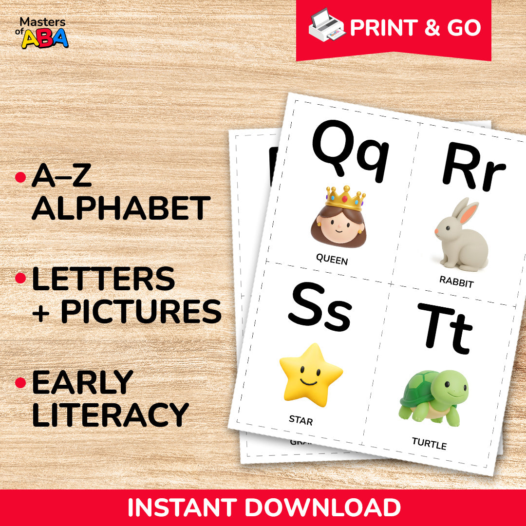 Printable alphabet flash cards with A–Z letters and picture vocabulary for preschool and kindergarten