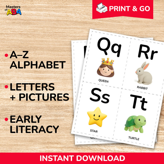 Printable alphabet flash cards with A–Z letters and picture vocabulary for preschool and kindergarten
