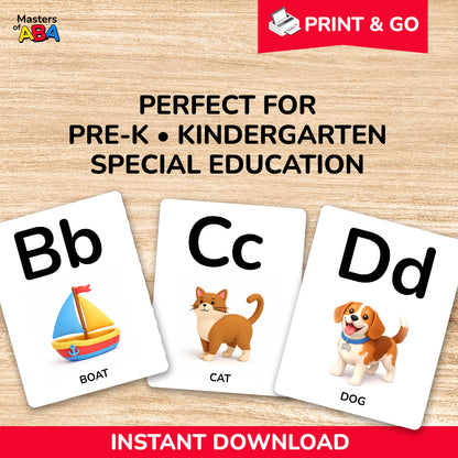 Uppercase and lowercase alphabet flashcards for phonics, letter recognition, and special education