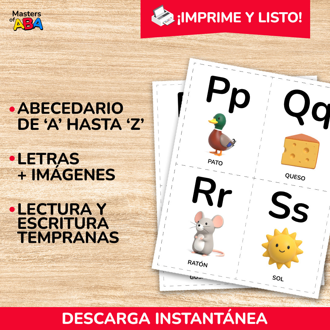 Tarjetas del abecedario en español con letras mayúsculas, minúsculas e imágenes