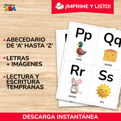 Tarjetas del abecedario en español con letras mayúsculas, minúsculas e imágenes
