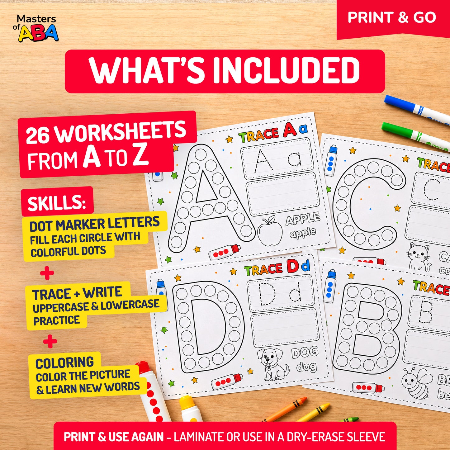 26 printable alphabet worksheets from A to Z with dot marker letters, tracing practice, writing space, and coloring activities
