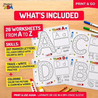 26 printable alphabet worksheets from A to Z with dot marker letters, tracing practice, writing space, and coloring activities