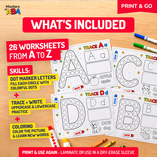 26 printable alphabet worksheets from A to Z with dot marker letters, tracing practice, writing space, and coloring activities