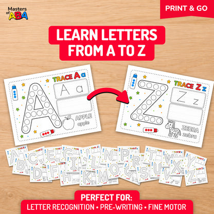 Alphabet letter practice printable for preschool with uppercase and lowercase recognition, tracing, pre-writing, and fine motor skills