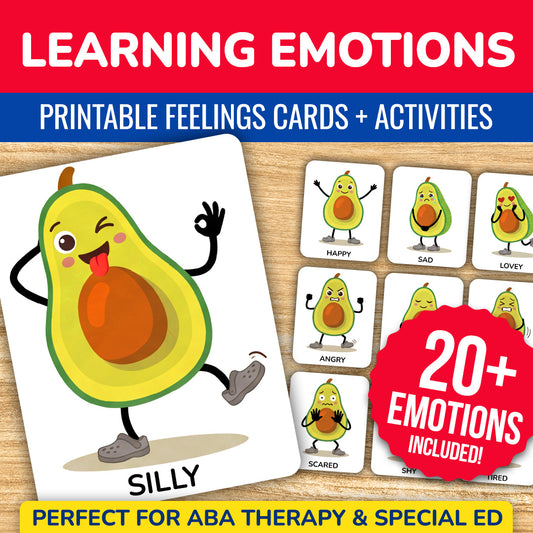 Emotions flash cards printable for kids with avocado feelings cards and SEL activities