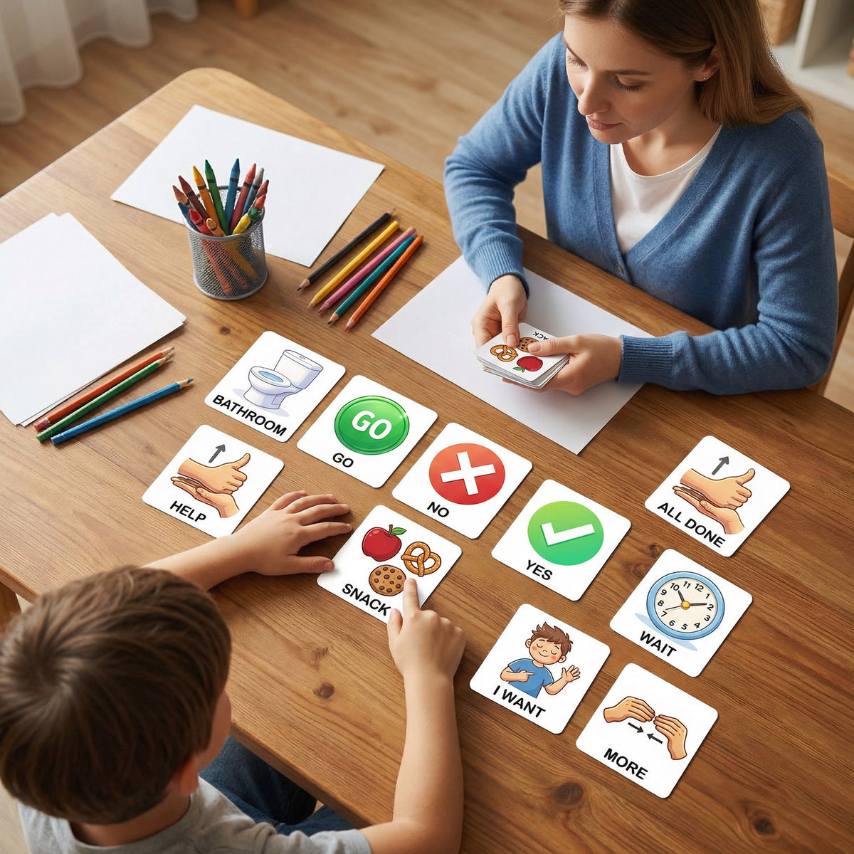 Child using visual communication cards with an adult for ABA therapy, autism support, and learning routines