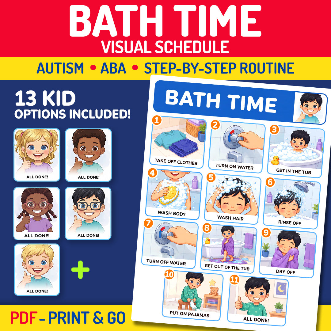 Bath Time Visual Schedule Printable PDF for Kids, ABA and Autism Routine Chart