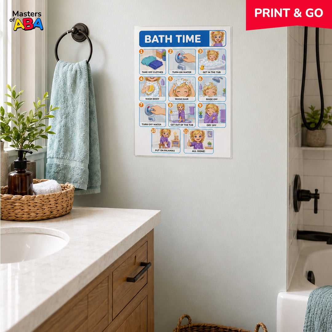 Bath Time Visual Schedule Mockup in Bathroom Near Shower for Kids Routine Support