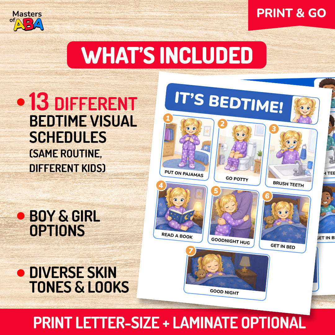 Printable bedtime visual schedule with 13 different kid options, boy and girl versions, diverse skin tones, and bedtime routine steps.