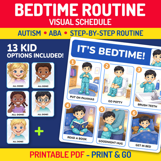 Bedtime routine visual schedule printable for autism and ABA therapy with 13 kid options and step-by-step bedtime routine visuals.