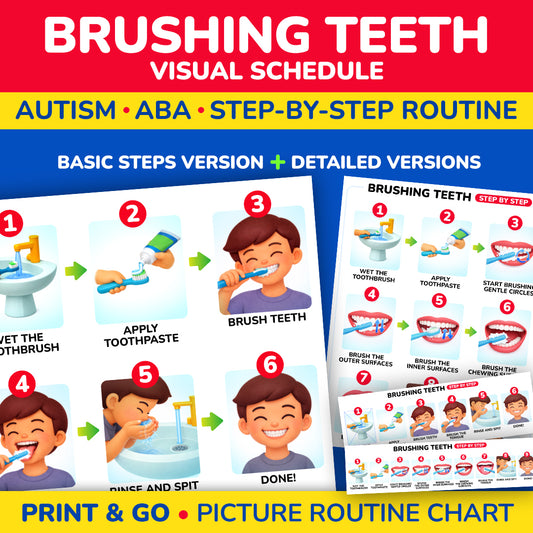 Visual schedule for brushing teeth with step-by-step instructions, suitable for autism and ABA therapy.