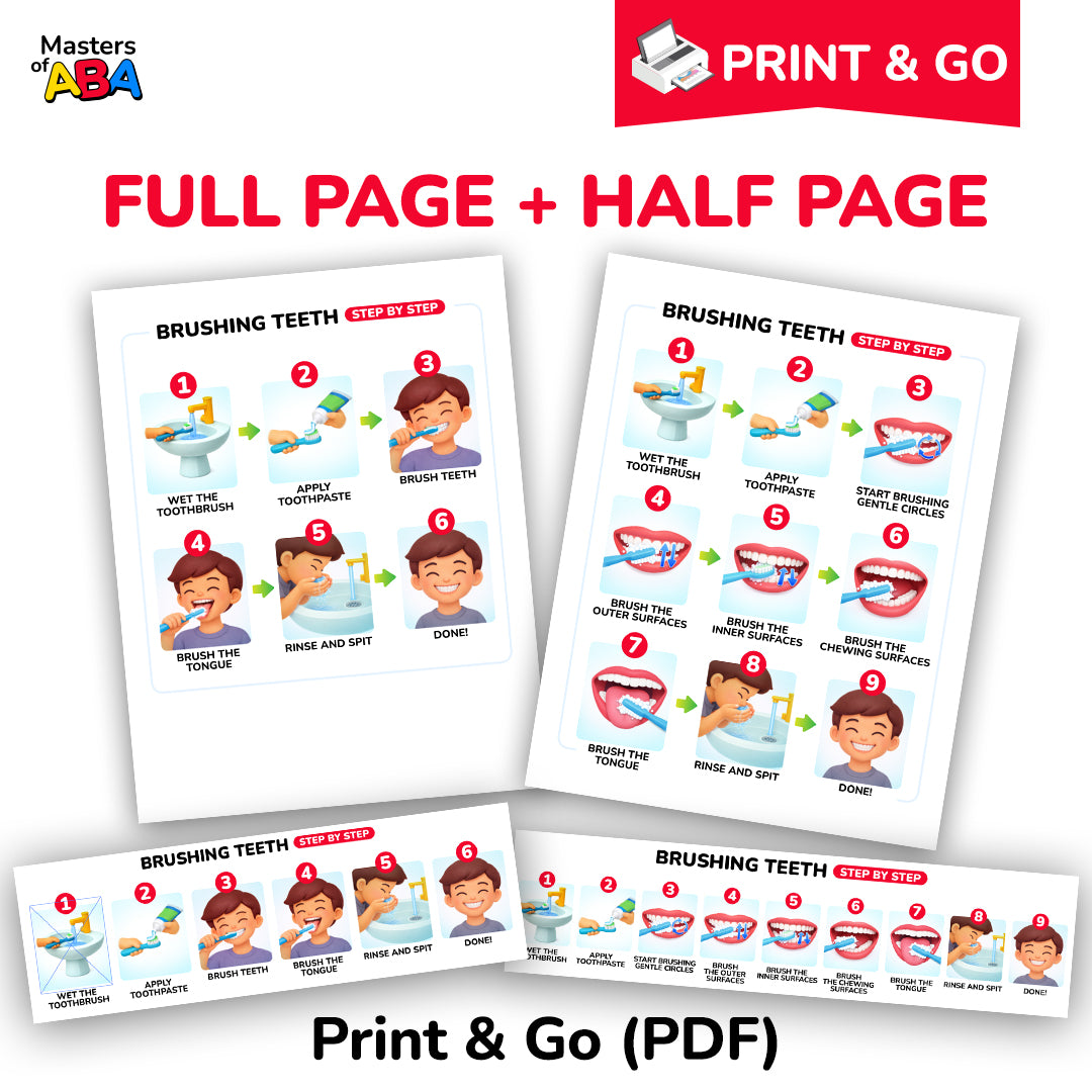 Full page and half page brushing teeth visual schedule for home, school, and therapy