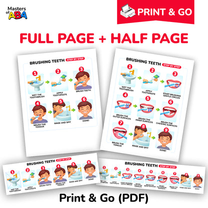 Full page and half page brushing teeth visual schedule for home, school, and therapy