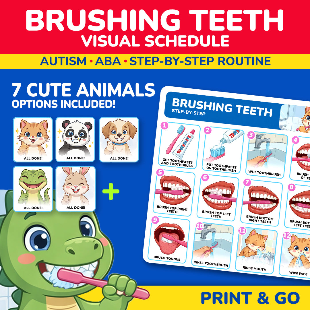 Brushing teeth visual schedule printable for autism and ABA therapy with 7 animal options