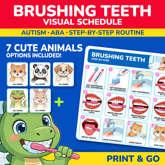 Brushing teeth visual schedule printable for autism and ABA therapy with 7 animal options