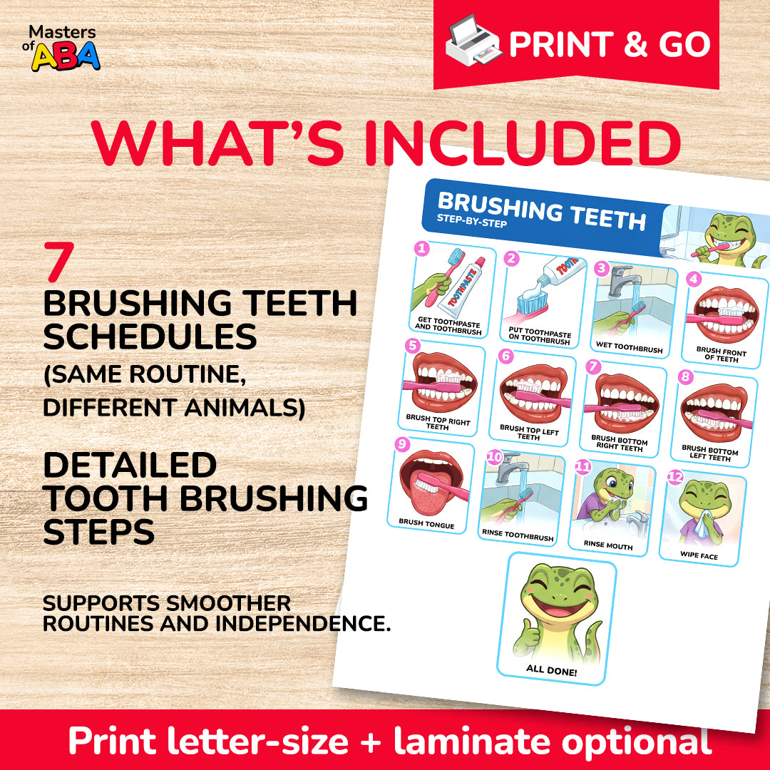 Printable brushing teeth visual schedule with 7 animal options and step-by-step hygiene routine visuals