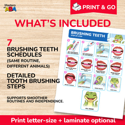 Printable brushing teeth visual schedule with 7 animal options and step-by-step hygiene routine visuals