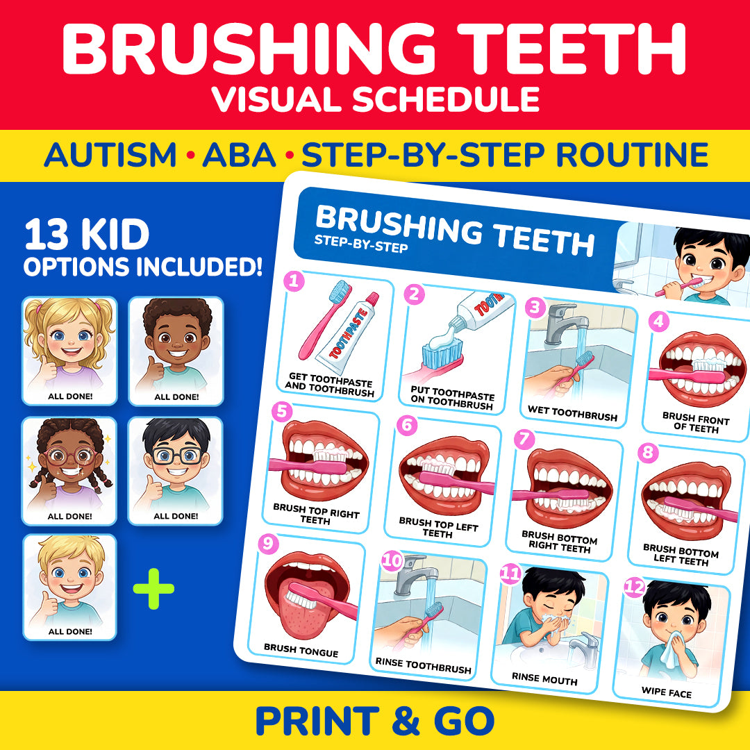 Brushing teeth visual schedule printable for autism and ABA therapy with 13 child options