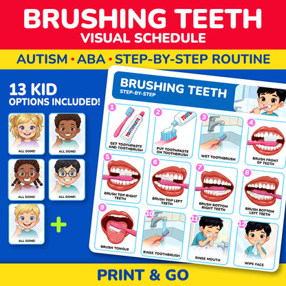 Brushing teeth visual schedule printable for autism and ABA therapy with 13 child options