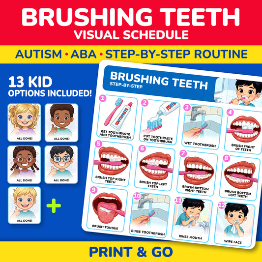 Brushing teeth visual schedule printable for autism and ABA therapy with 13 child options