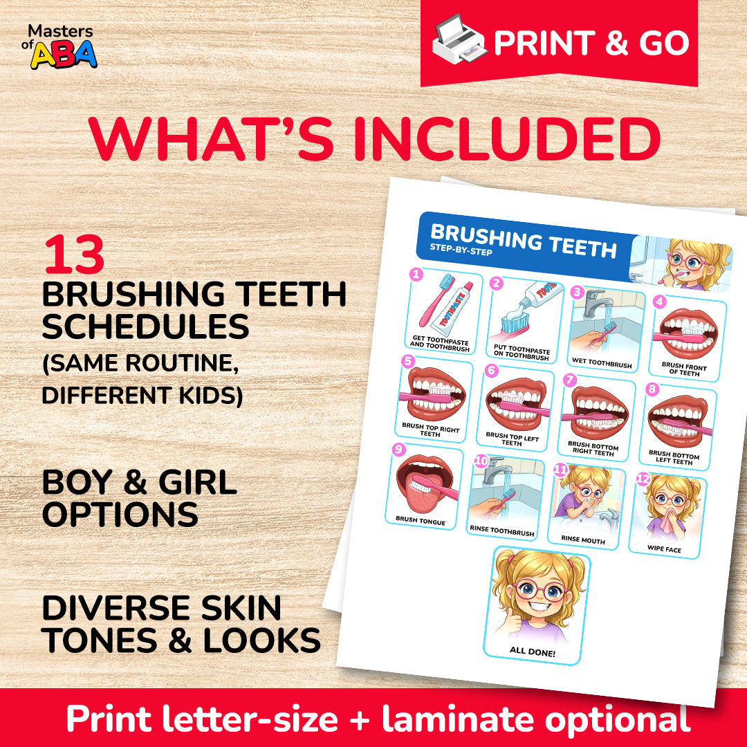 Brushing teeth visual schedule printable showing 13 schedules, diverse child options, and print-and-go format