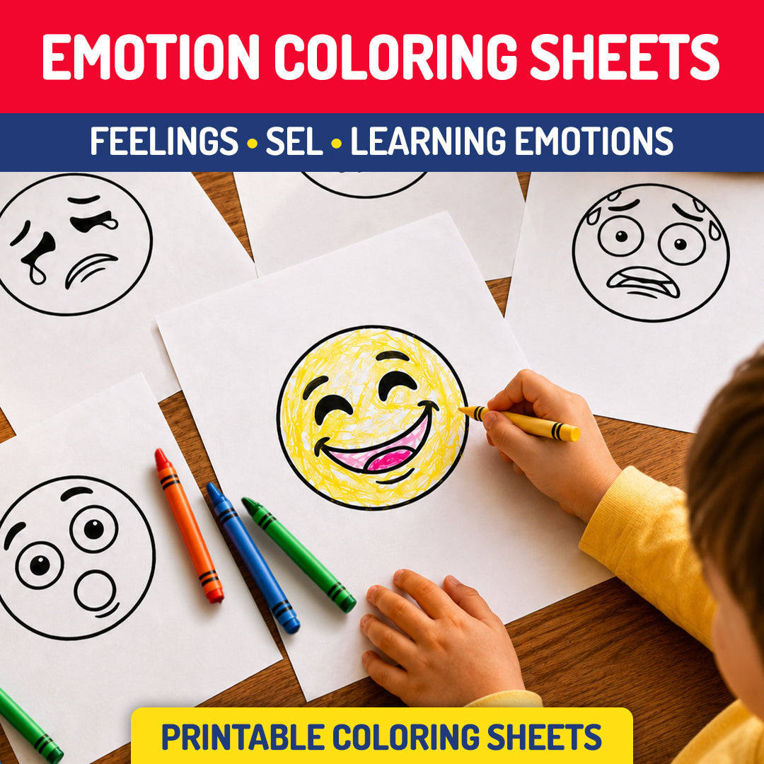 Printable emotion coloring sheets for kids with SEL feelings activities, emotion identification, coloring practice, and fine motor skill support.