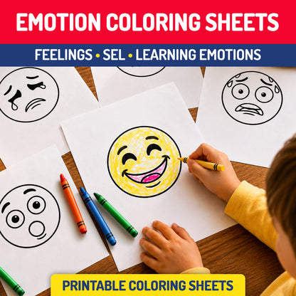 Printable emotion coloring sheets for kids with SEL feelings activities, emotion identification, coloring practice, and fine motor skill support.