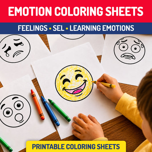 Printable emotion coloring sheets for kids with SEL feelings activities, emotion identification, coloring practice, and fine motor skill support.