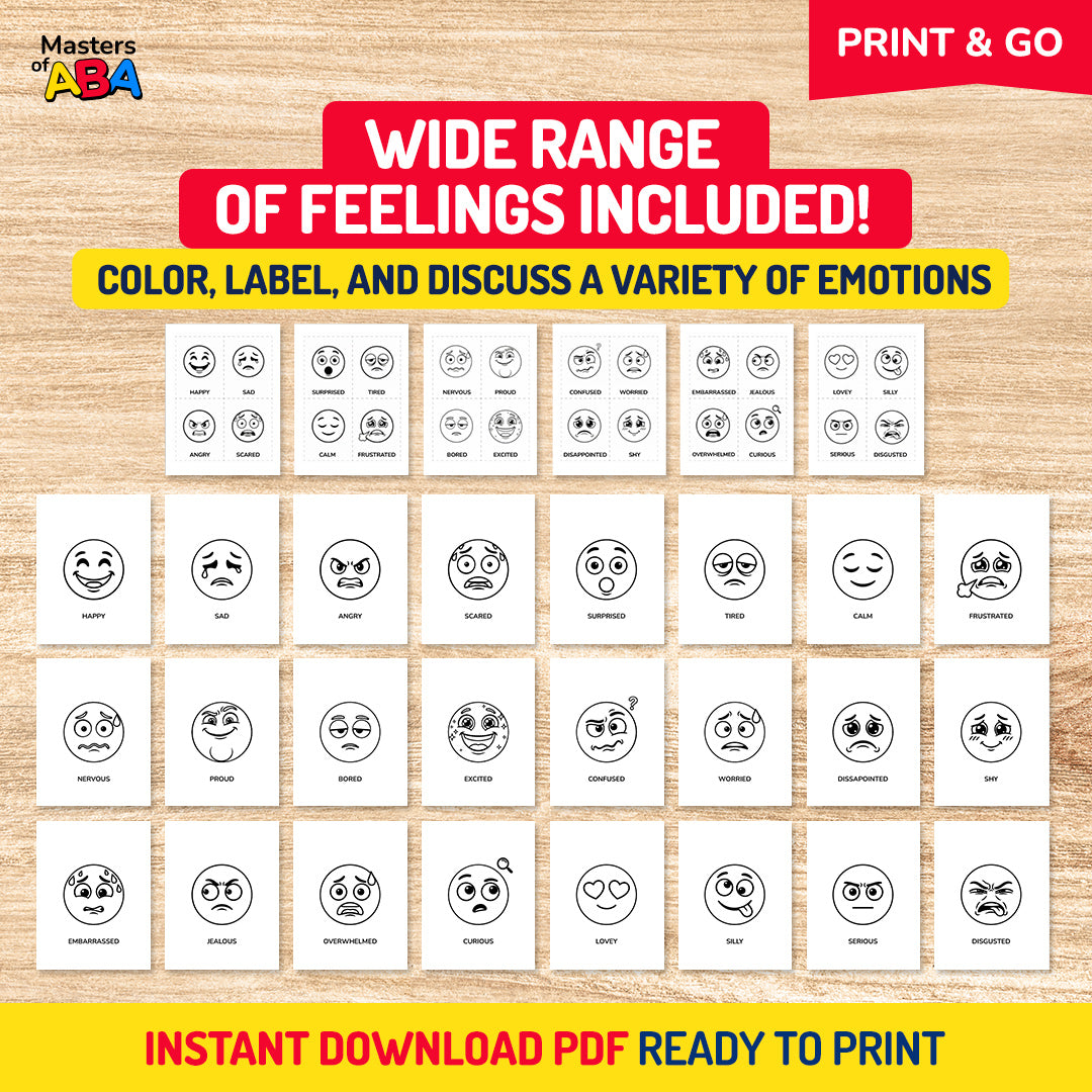 Wide range of printable emotion coloring sheets for kids to color, label, identify, and discuss feelings during SEL activities.