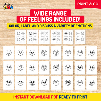 Wide range of printable emotion coloring sheets for kids to color, label, identify, and discuss feelings during SEL activities.