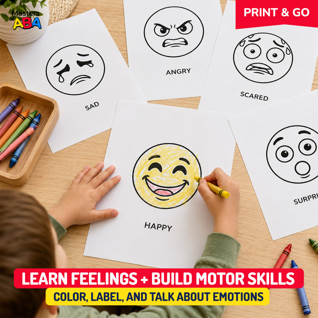 Child coloring printable emotion coloring sheets with crayons for feelings identification, SEL learning, fine motor skills, and therapy activities.