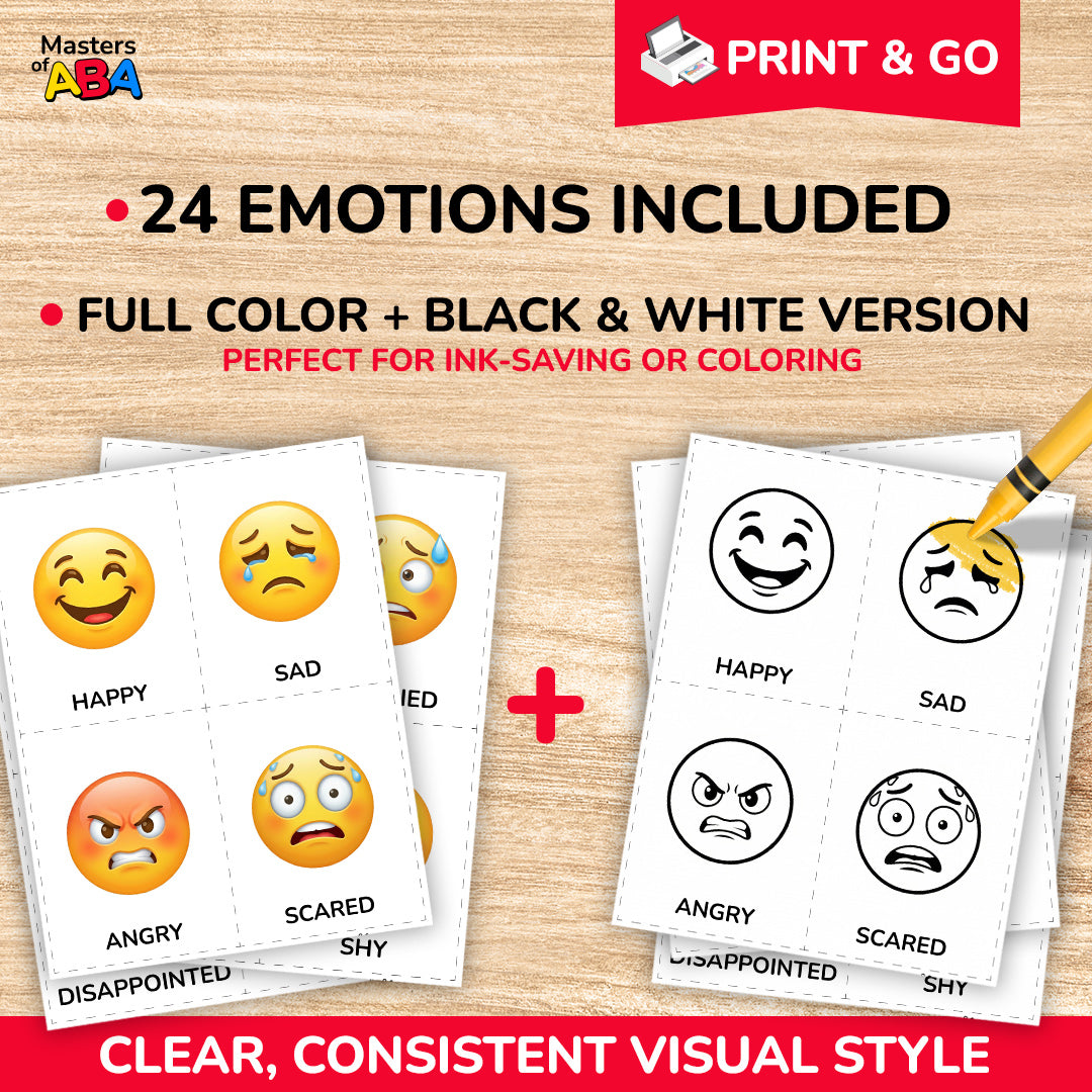 Printable emotion cards pack with 24 feelings cards in color and black and white
