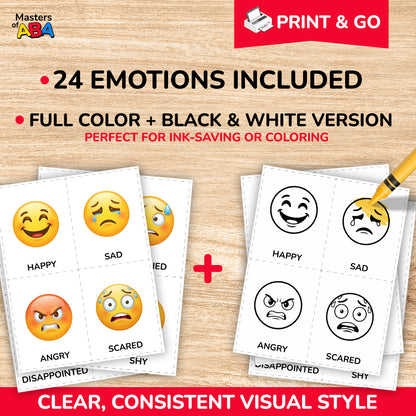 Printable emotion cards pack with 24 feelings cards in color and black and white