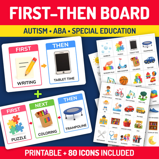 First-Then Board printable for autism, ABA therapy, and special education with 80 visual activity icons included