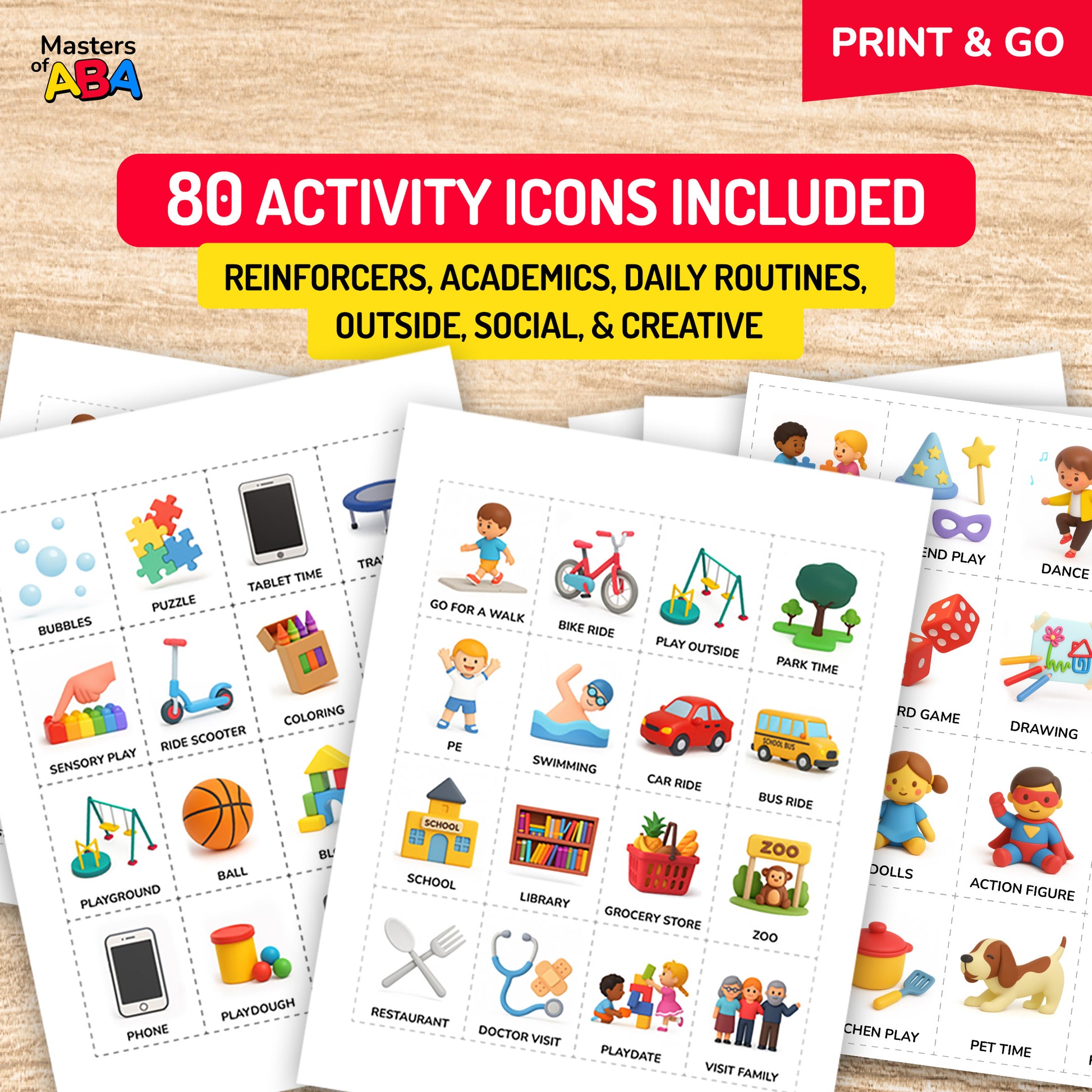 Set of 80 printable activity icons for First-Then boards, visual schedules, and ABA reinforcement supports