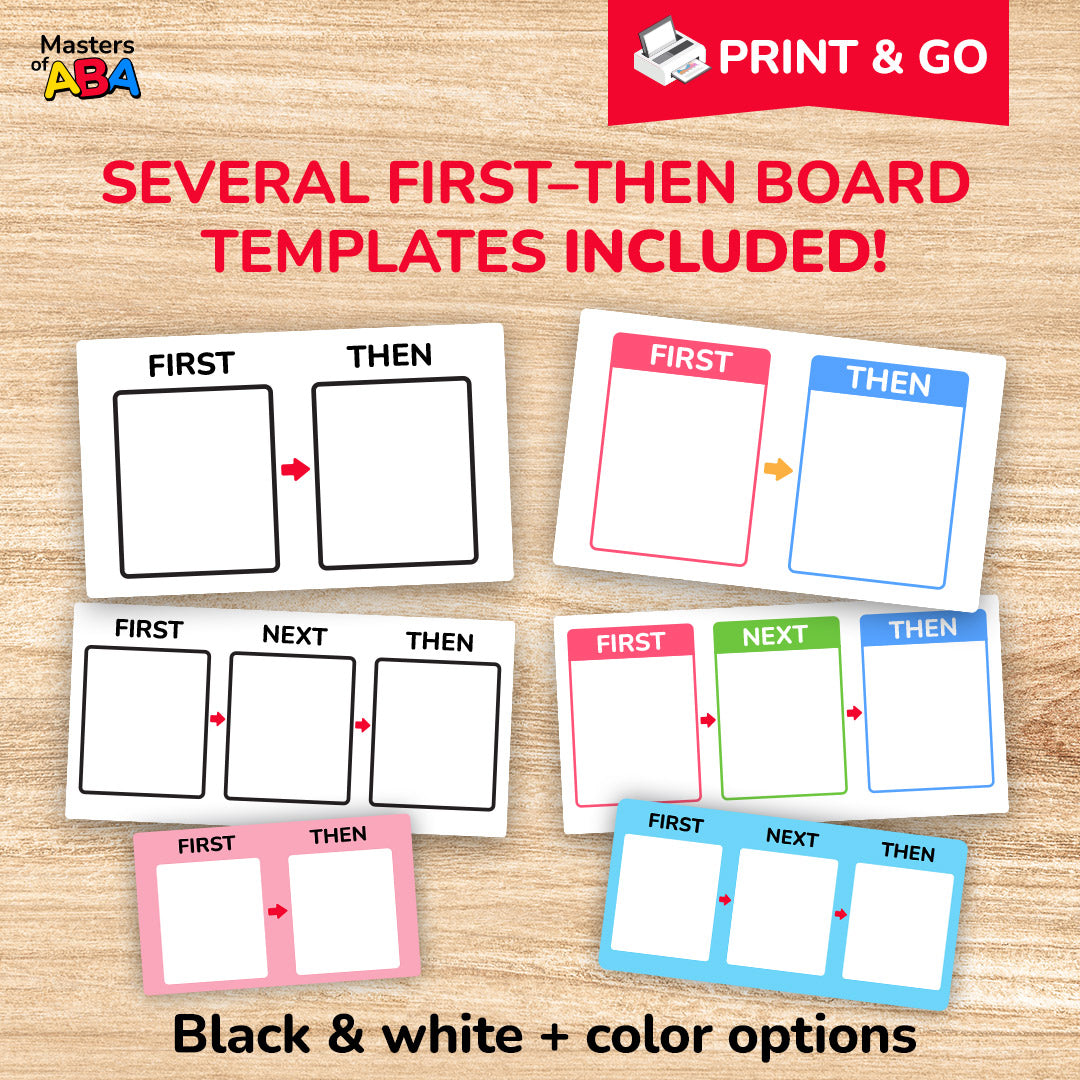 Printable first-then board templates in color and black and white for autism visual supports