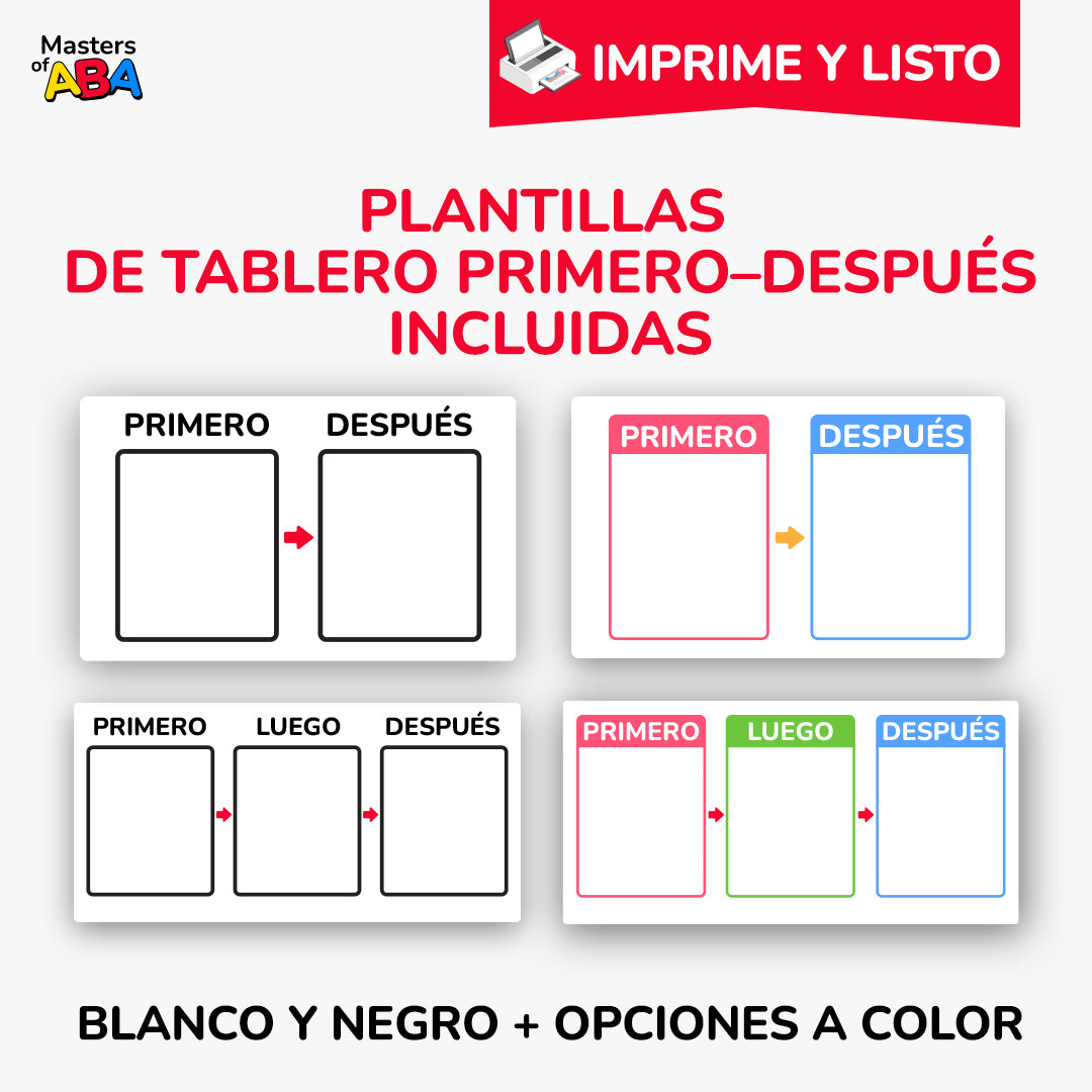 Plantillas Primero-Después y Primero-Luego-Después en español para apoyos visuales