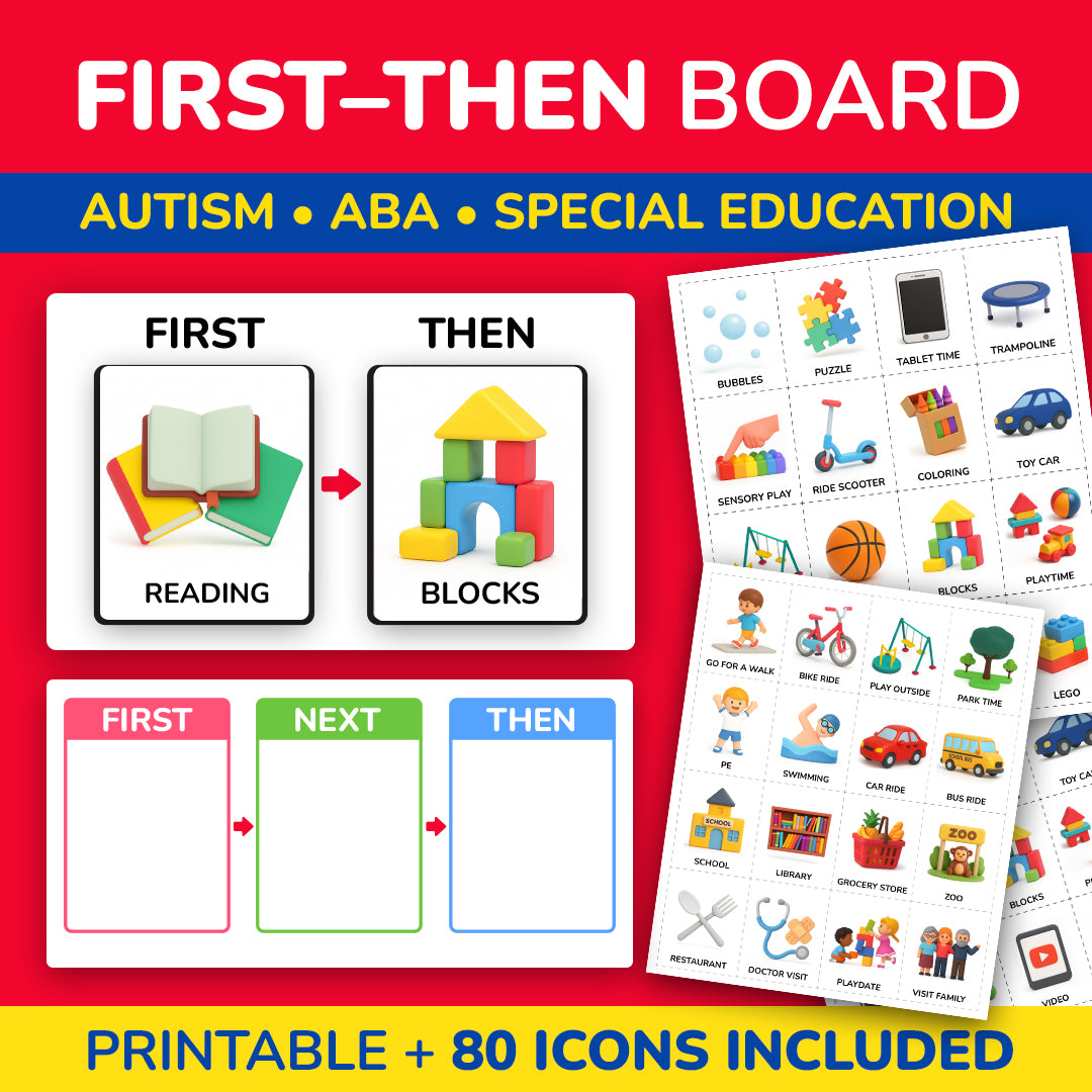 First-then board printable for autism and ABA therapy with 80 activity icons
