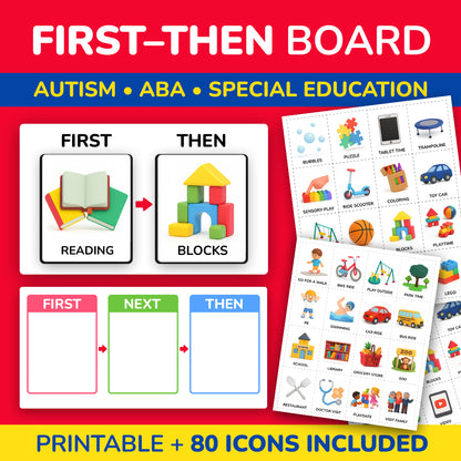 First-then board printable for autism and ABA therapy with 80 activity icons