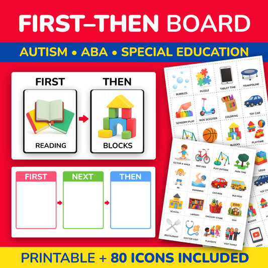 First-then board printable for autism and ABA therapy with 80 activity icons